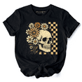 thumbnail image 1 of Checkered Floral Skeleton T-Shirt, Vintage Skull Daisy Halloween Tee, 1 of 8