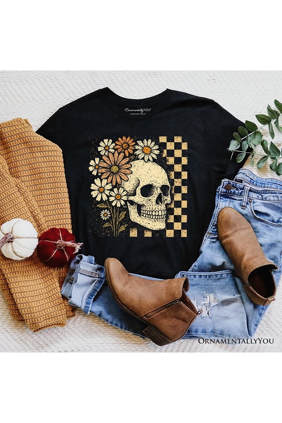 Checkered Floral Skeleton T-Shirt, Vintage Skull Daisy Halloween Tee