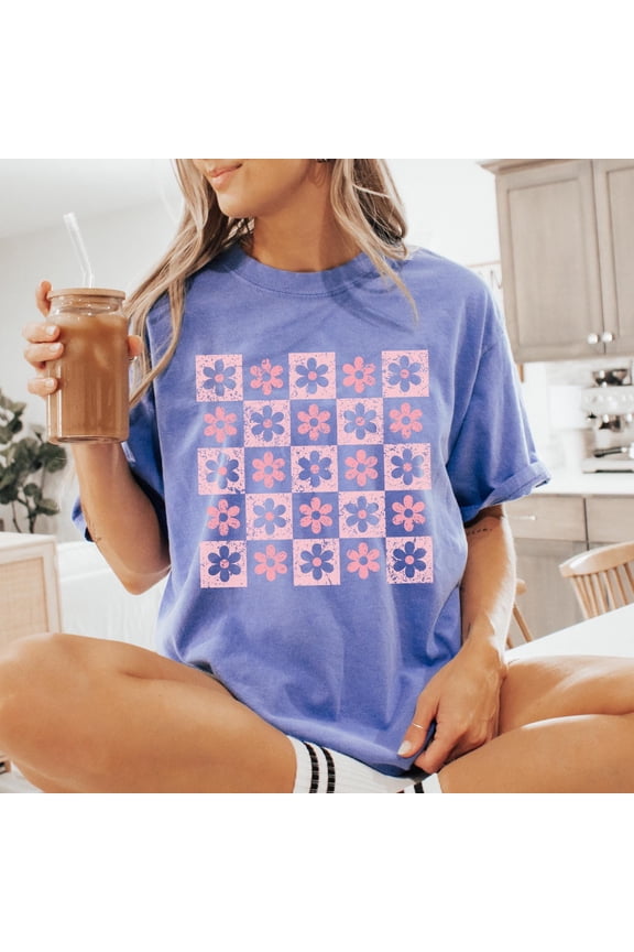 Checkered Floral T-Shirt: Distressed Retro Flowers, Boho Style