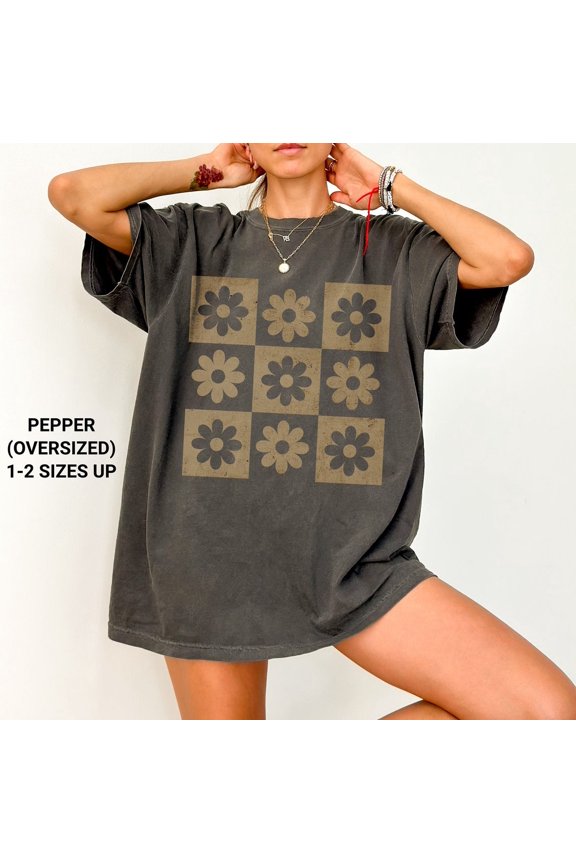 Checkered Flower Retro Boho T-Shirt All Size S-3XL