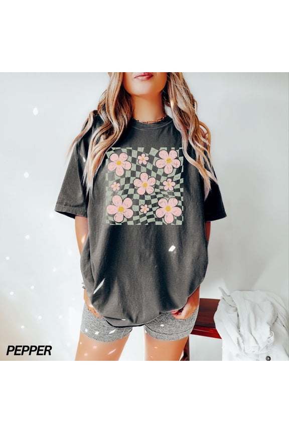 Checkered Flower Shirt, Boho Flower Shirt, Groovy Flowers, Wildflower Shirt, Boho Hippie Shirt, Summer Shirt, Preppy Aesthetic, Floral Tee All Size S-5Xl