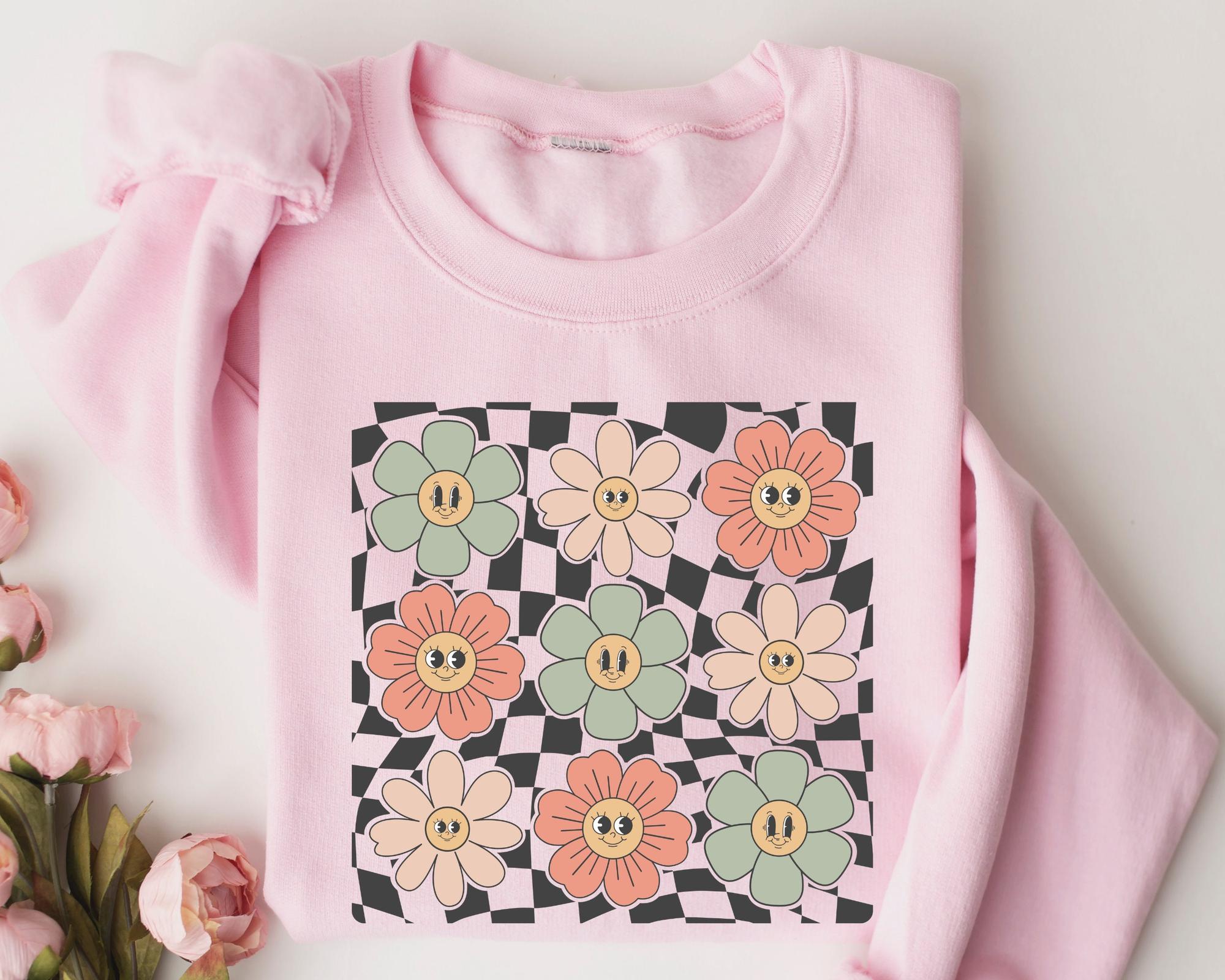 Checkered Flowers Face Sweatshirt, Flowers Happy Face Hoodie, Trendy