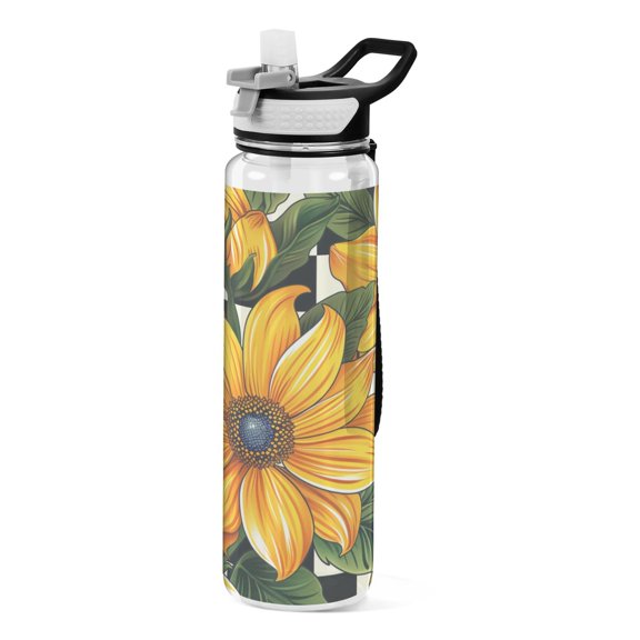 Checkered Flowers Sports Water Bottle 32oz with Straw for Kids Travel Mug BPA Free Leak Proof for School