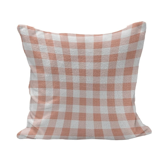 Checkered Fluffy Throw Pillow Cushion Cover, Picnic in Countryside Themed Gingham Pattern in Soft Colored Print, Decorative Square Accent Pillow Case, 26" x 26", Pale Peach and White, by Ambesonne