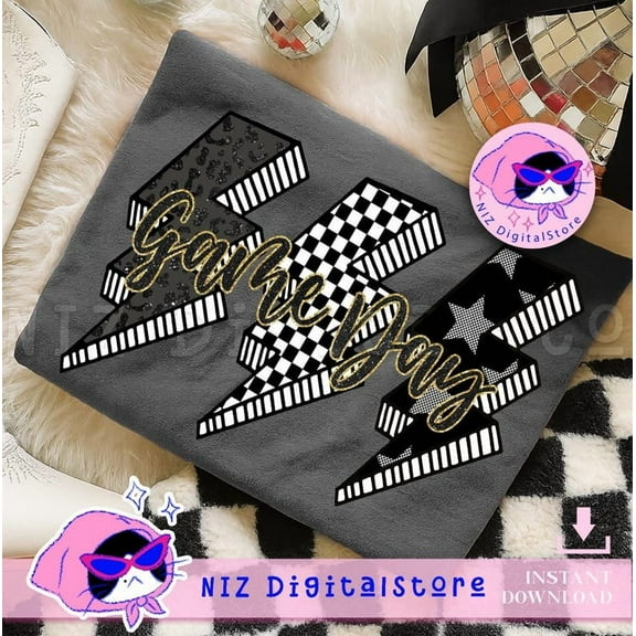 Checkered Game Day Lightning Bolt T-Shirt - Preppy Sports Graphic Tee, Trendy Football Shirt, Cheer Mom Game Day Top