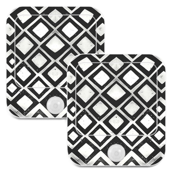 Checkered Geometry Plaid Pattern 2 Pack LED Motion Sensor Night Light Plug into Wall Auto Dusk to Dawn Adjustable Brightness for Kids Bedroom Hallway Nursery Room
