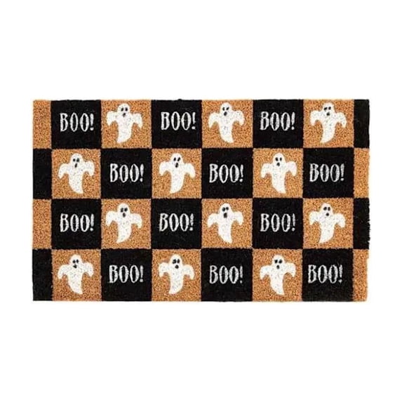 Checkered Ghost Coir Doormat Halloween Decorations Outdoor, Weather Resistant Non Slip Entryway Mat for Front Porch Halloween Party Home Decor