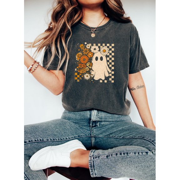 Checkered Ghost Shirt, season Floral Ghost Tshirt, Cute Fall T-shirt, season Floral Ghost Tee, Spooky Season, Ghost Crewneck, F3462