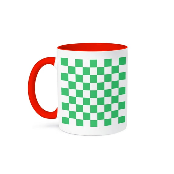 3dRose, Checkered green and white squares pattern - check checked checkerboard chessboard mosaic, 11oz Two-Tone Red Mug