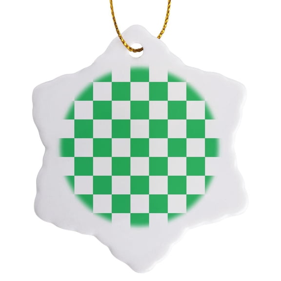 Checkered Green And White Squares Pattern - Check Checked Checkerboard Chessboard Mosaic, 3 inch Snowflake Porcelain Ornament
