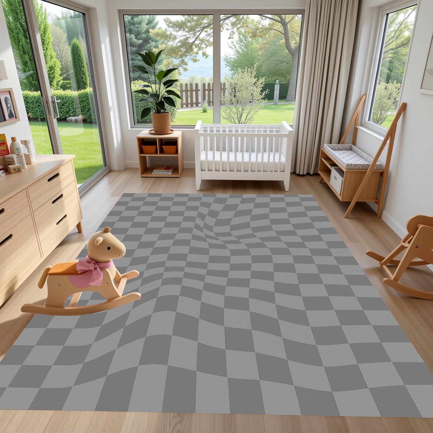 Checkered Grey 3D Texture Area Rug, Modern Design Carpet, Washable Non ...