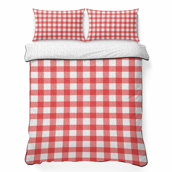 Checkered Grid 3 Piece Quilt Bedding Set with 2 Pillow Shams, Modern Minimalist Red White Square Plaid Gingham Lightweight Bedspread Coverlet, Soft Breathable All Season Quilt, 96 x 106 Inch