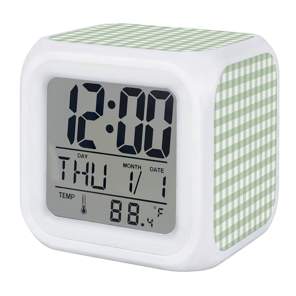 Checkered Grid Alarm Clock, Modern Minimalist Green Gingham Intersecting Band Digital Clock Night Light with 7 Color, Calendar Temperature Display, LED Desk Small Clock for Bedrooms Living Room
