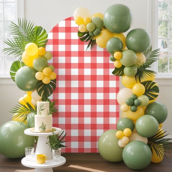 Checkered Grid Arch Backdrop Cover, 4FT, Modern Minimalist Red White Square Plaid Gingham Spandex Arch Covers Double-Sided Backdrop for Wedding Birthday Party Photo Background Decoration