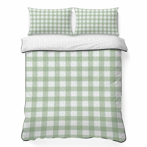 Checkered Grid California King Quilt Bedding Set, Modern Minimalist Green Gingham Intersecting Band Lightweight Comforter with 2 Pillow Shams Bedroom Bedspread Set Home Decor for All Seasons