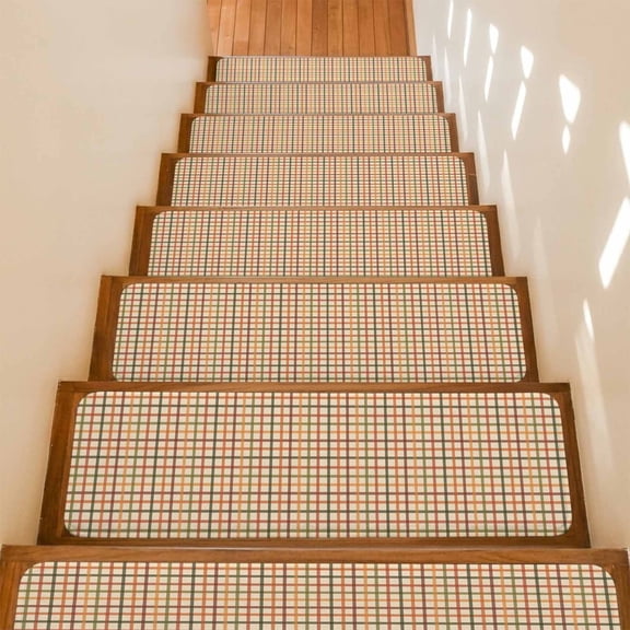 Checkered Grid Non-Slip Stair Treads for Wooden Steps, 15 Pack 8x30 Inches Carpet Stair Mats with Adhesive Backing, Noise-Reducing Step Covers for Indoor Stairs, Easy to Install & Residue-Free