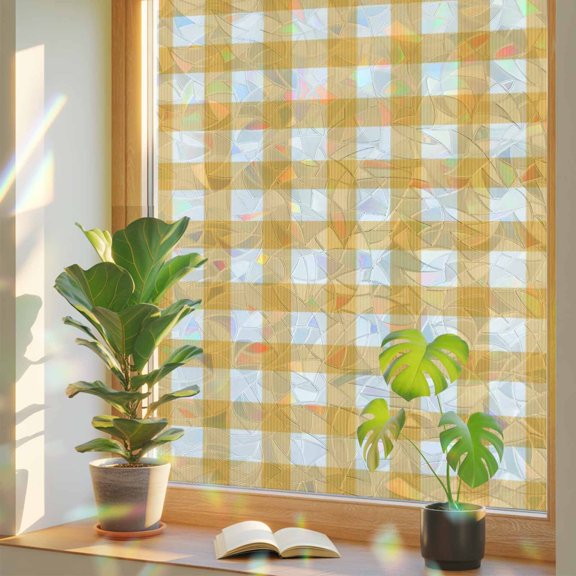 Checkered Grid Window Privacy Film, Modern Minimalist Yellow Gingham Plaid Static Cling Stained Glass Window Sticker Decorative Removable Rainbow Film for Glass 17.7”x39.3”