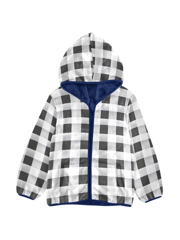 Checkered Grid-b6 Toddler Fleece Hooded Jacket Zip Warm Coat 3T