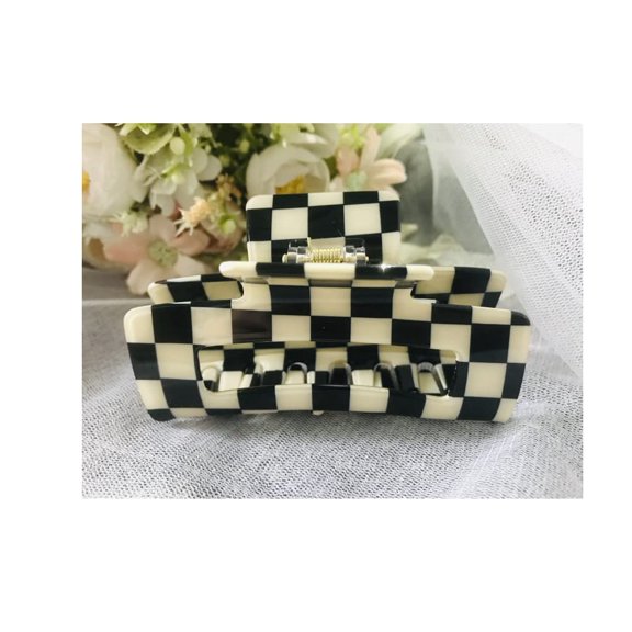 Checkered Hair Claw Clips for Women Girls Fashion Hair Clips for Styling Claw Clamps Thick Hair Retro Rectangle Shape, (1PC Large Size Black A, 3.94inch)