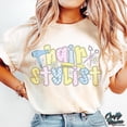 thumbnail image 1 of Checkered Hair Stylist T-Shirt, Preppy Coquette Stylist Shirt, Trendy Retro Hairdresser Tee, Boho Floral Salon Shirt, 1 of 5