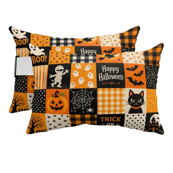 Checkered Halloween Outdoor Pillows for Chaise Lounge Chair Beach Headrest Pillow Set of 2 Waterproof Lumbar Pillows with Insert&Adjustable Strap Pumpkins Cat Plaid Vintage Art Pool Pillow 12"x20"