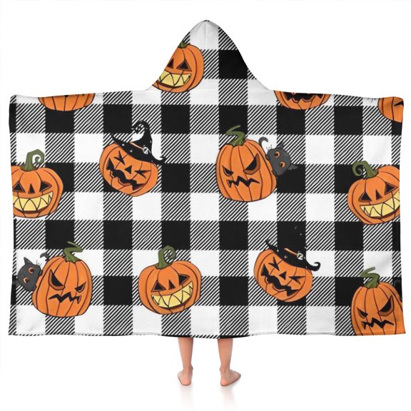 Checkered Halloween Pumpkin Pattern Hooded Bath Towel,50"x30" for Ages 3 To 12 Kids, Quick Dry Lightweight Soft Microfiber Hood Beach Towel Cover Up for Kids