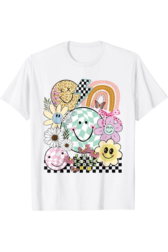 Checkered Happy Smiling Smile Face Daisy Flower Girl T-Shirt