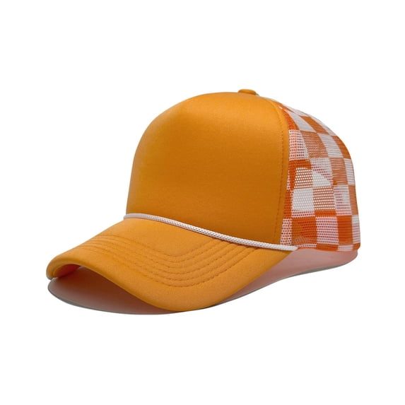 Checkered Hat for Men Women Two Tone Checkered Grid Mesh Trucker Cap Adjustable Snapback Breathable Workout Baseball Cap Vintage Hat for Summer Outdoor Orange Free Size
