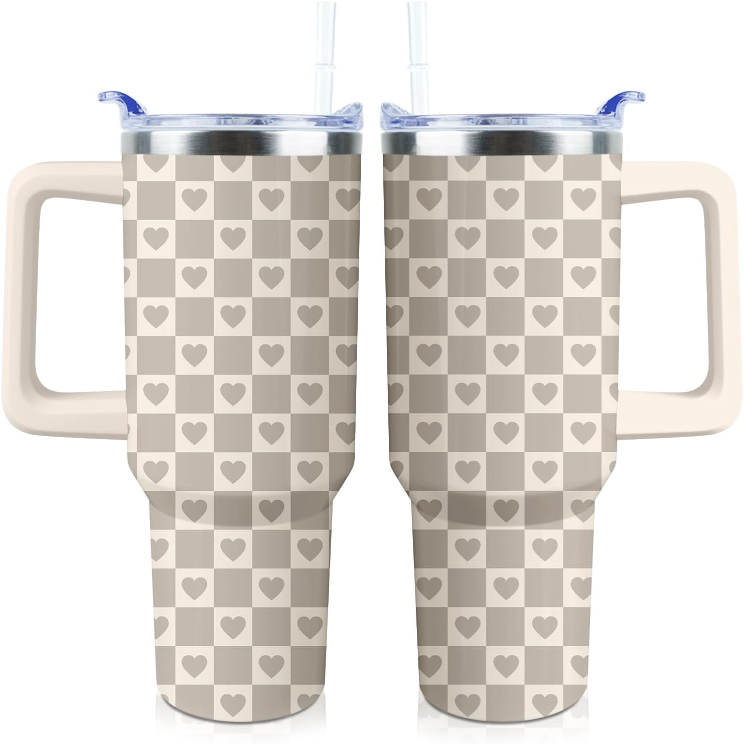 Checkered Heart Tumbler 40 oz Tumbler with Handle and Straw Lid Leak Proof - Checkered Heart Coffee Travel Mug with Handle Insulated for Hot Cold Ice - Christmas Birthday Gifts for Women Lovers Cup