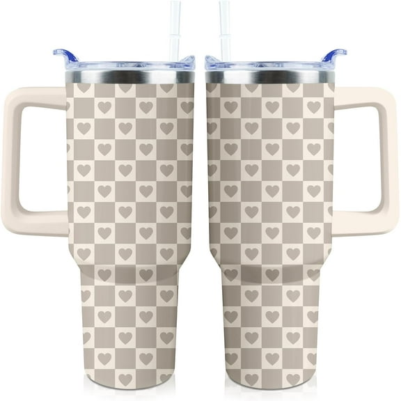 Checkered Heart Tumbler 40 oz Tumbler with Handle and Straw Lid Leak Proof - Checkered Heart Coffee Travel Mug with Handle Insulated for Hot Cold Ice - Christmas Birthday Gifts for Women Lovers Cup