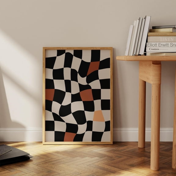 Checkered Home Decor Wavy Checkerboard Abstract Geometric Black 70s Funky Art, Unframed Paper Poster 16x20in