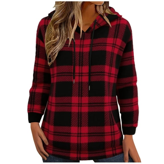 Checkered Hoodies Pullover Sweater Blouses for Womens Velvet Thermal Hooded Tops Long Sleeve Pullover Plaid Printed Blouse Fall Outfits 2025 Loose Fit