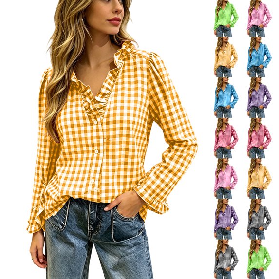 Checkered Jacket for Women 2026 Gingham Plaid Long Sleeve Shirts Ruffle V Neck Button Down Loose Blouse Tops with Ruffled Cuffs