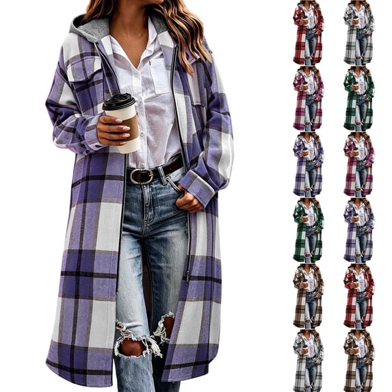 Checkered Jacket for Women 2026 Long Hooded Buffalo Plaid Shacket Zip Up Long Sleeve Lapel Collar Loose Oversized Plaid Coat Jacket
