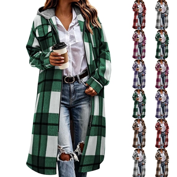 Checkered Jacket for Women 2026 Long Hooded Buffalo Plaid Shacket Zip Up Long Sleeve Lapel Collar Loose Oversized Plaid Coat Jacket