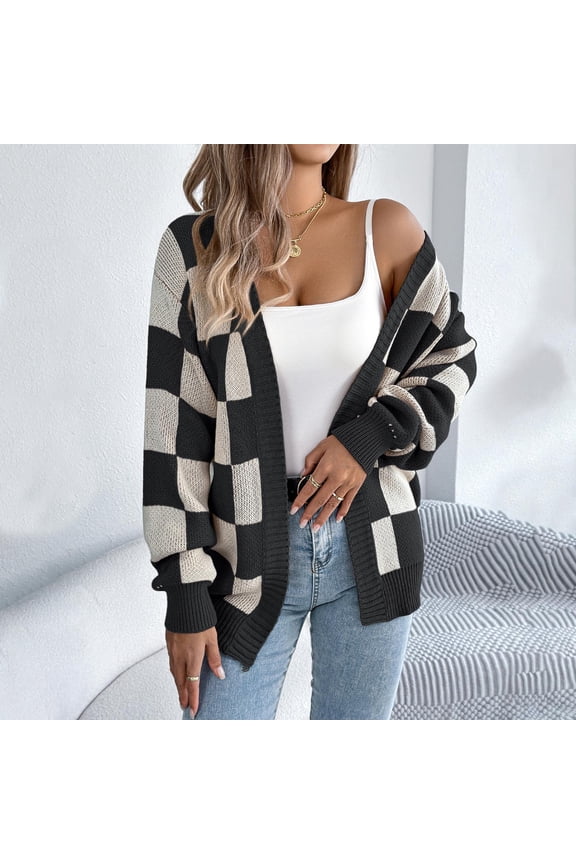 Checkered Jackets for Women, Plaid Color Block Long Sleeve Knit Cardigan Sweater Open Front Button Loose Outerwear New Cardigan for Women Lightweight Black L