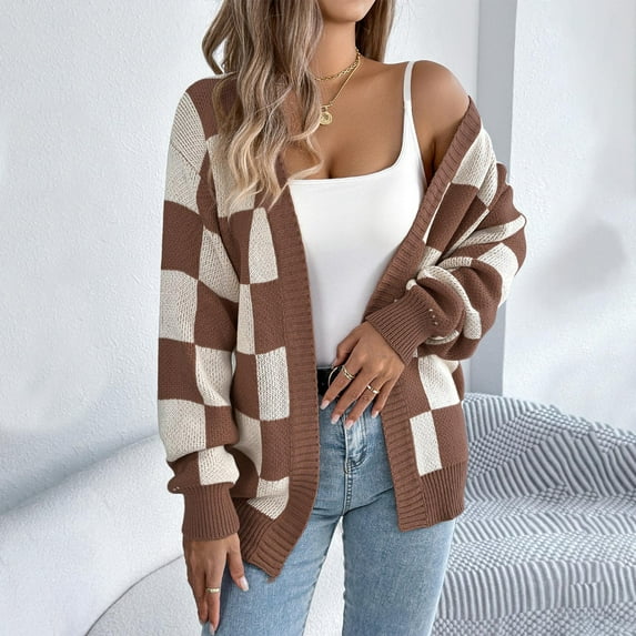 Checkered Jackets for Women, Plaid Color Block Long Sleeve Knit Cardigan Sweater Open Front Button Loose Outerwear New Plus Size Cardigan Fall Coffee L