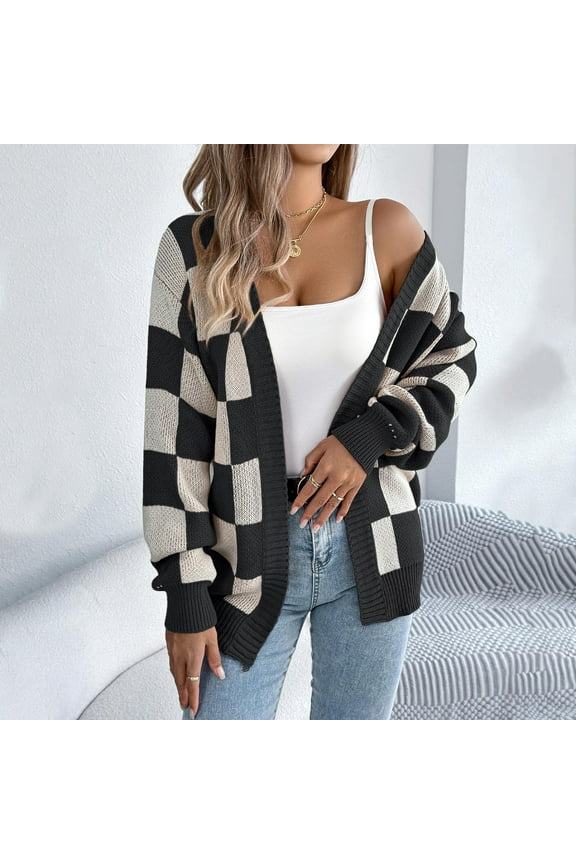 Checkered Jackets for Women, Plaid Color Block Long Sleeve Knit Cardigan Sweater Open Front Button Loose Outerwear New Black S