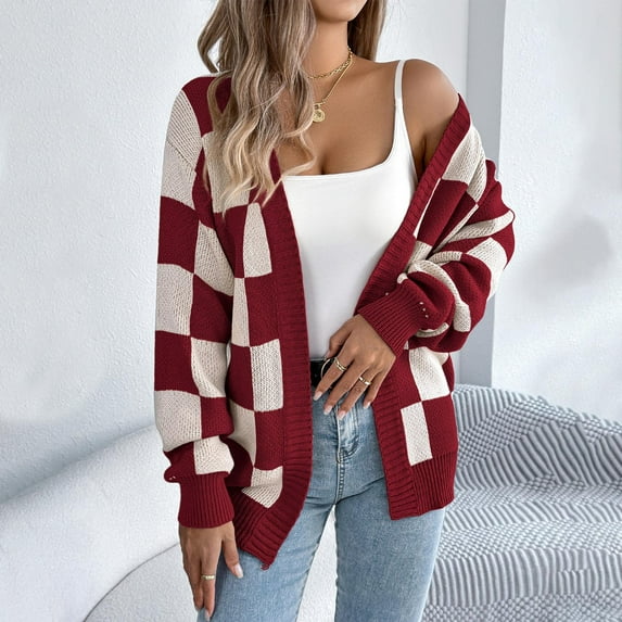 Checkered Jackets for Women, Plaid Color Block Long Sleeve Knit Cardigan Sweater Open Front Button Loose Outerwear New Wine XL