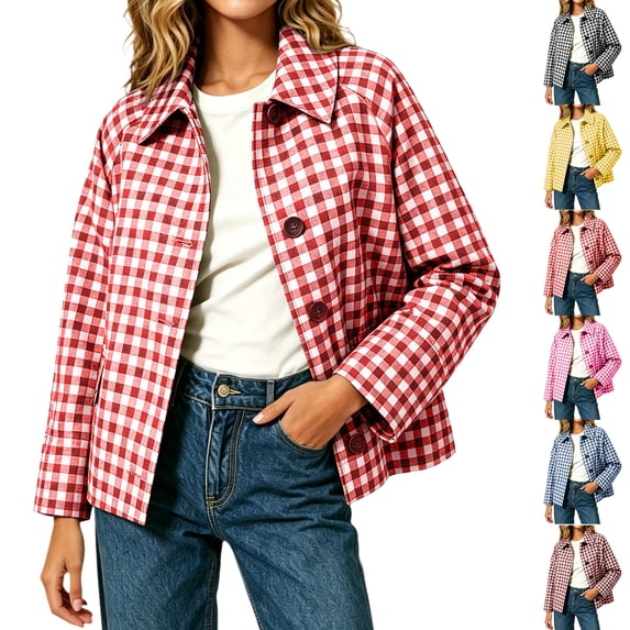 Checkered Jackets for Women Plus Size Button Up Turn-Down Collar Casual Loose Long Sleeve Short Side Pocket Coat Top