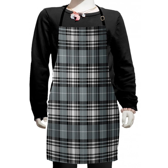 Checkered Kids Apron, Old Fashioned Plaid Tartan in Dark Colors Classic English Tile Symmetrical, Boys Girls Apron Bib with Adjustable Ties for Cooking Baking Painting, Grey Black White, by Ambesonne