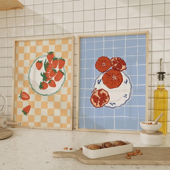Checkered Kitchen Art Prints: Retro Food Duo Home Decor Office Wall Art Set 2