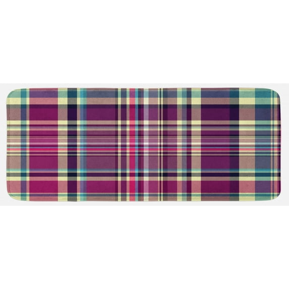 Checkered Kitchen Mat, Vintage Scotland Pattern in Purple Tones Abstract Retro Traditional Tile, Plush Decorative Kitchen Mat with Non Slip Backing, 47" X 19", Cream Blue Purple, by Ambesonne