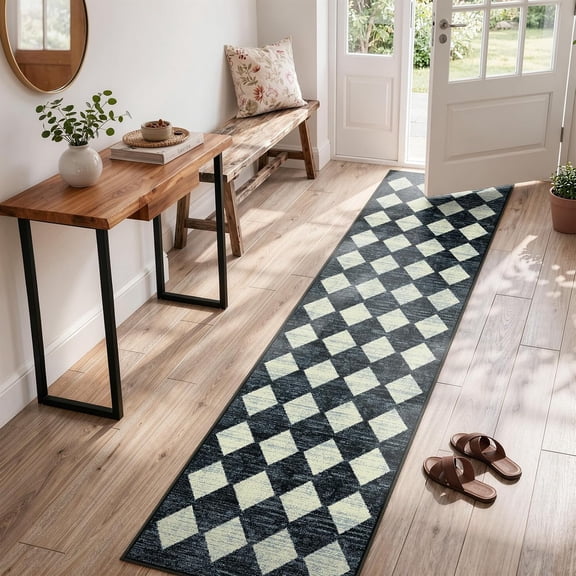 Checkered Kitchen Runner Rug 2x8 Black and White, Hallway Non Slip Washable