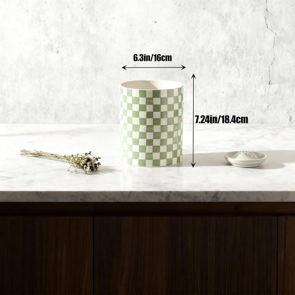 Checkered Kitchen Utensil Holder Set, Green Ceramic Cooking Utensil Crocks for Modern Farmhouse Counter Decor and Housewarming Gift