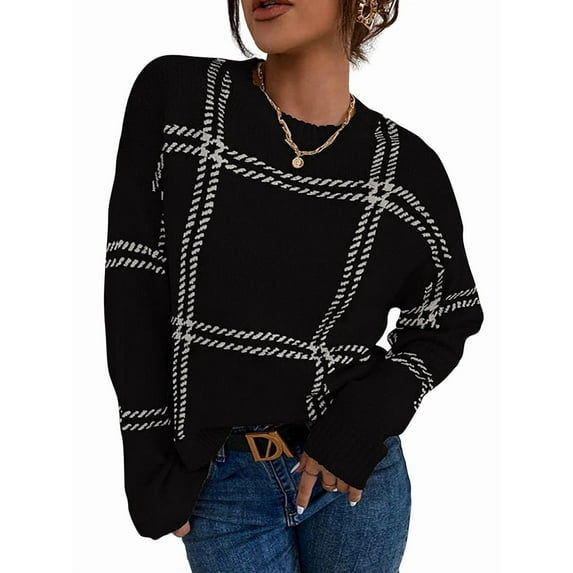 Checkered Knit Sweater for Women Fall Winter Casual Crew Neck Pullover Sweaters Color Block Tops Black S