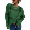 thumbnail image 1 of Checkered Knit Sweater for Women Fall Winter Casual Crew Neck Pullover Sweaters Color Block Tops Green L, 1 of 8