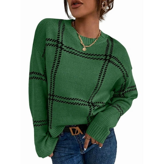 Checkered Knit Sweater for Women Fall Winter Casual Crew Neck Pullover Sweaters Color Block Tops Green L