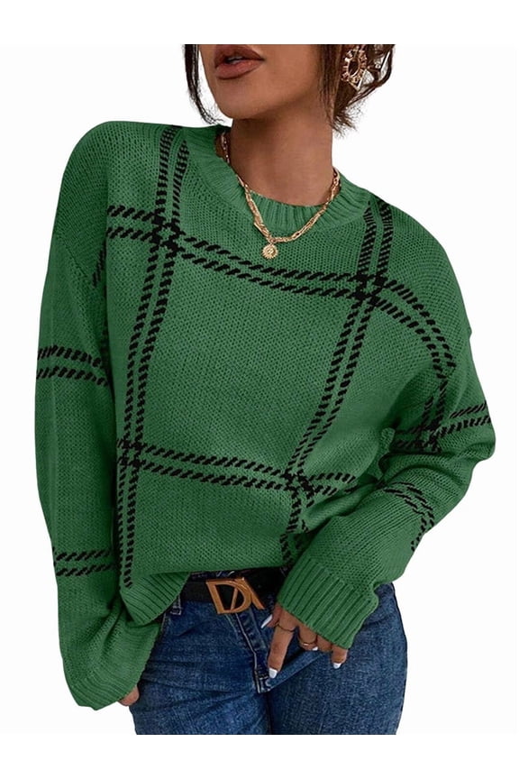 Checkered Knit Sweater for Women Fall Winter Casual Crew Neck Pullover Sweaters Color Block Tops Green S