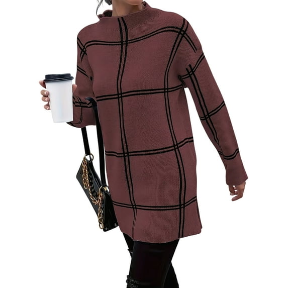 Checkered Knit Sweater for Women Fall Winter Casual Mock Neck Pullover Striped Sweaters Color Block Tops Dark Brown S